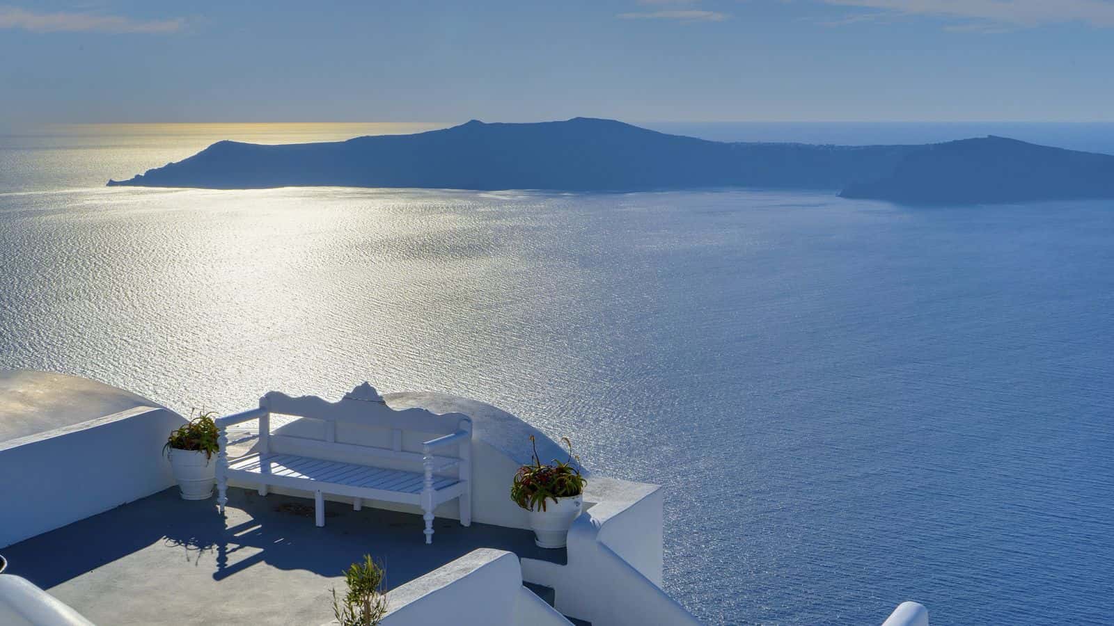 White terraces overlooking the Aegean Sea in Oia, Santorini